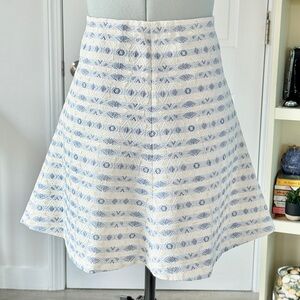 J. Crew Blue and White Jacquard Flare Skirt with Metallic Detail (size 4)